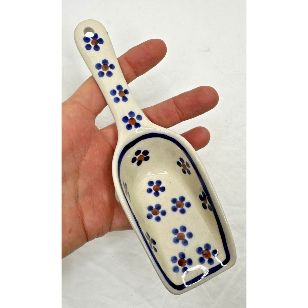 HandPainted Polish Pottery Scoop Blue Red Flowers Stoneware Boleslawiec Poland
